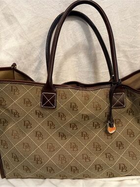 Vintage Dooney & Bourke Monogram Tan Canvas & Brown Leather Trim Travel Tote